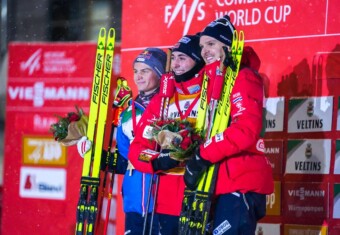 Das Podium am Samstag: Johannes Lamparter (AUT), Jarl Magnus Riiber (NOR), Joergen Graabak (NOR), (l-r)