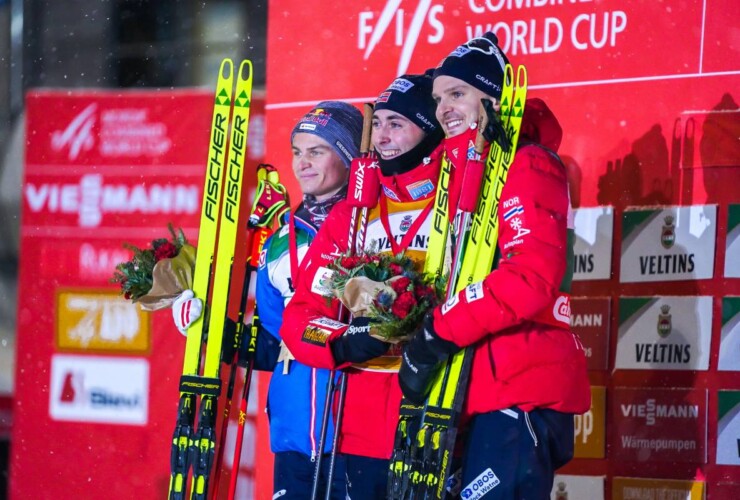 Das Podium am Samstag: Johannes Lamparter (AUT), Jarl Magnus Riiber (NOR), Joergen Graabak (NOR), (l-r)