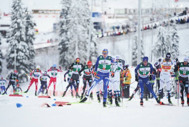 Eero Hirvonen (FIN), Stephen Schumann (USA), Johannes Rydzek (GER), Manuel Faisst (GER), (l-r) im Wald