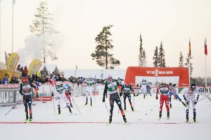 Knappe Angelegenheit: Johannes Rydzek (GER), Vinzenz Geiger (GER), Johannes Lamparter (AUT), Jarl Magnus Riiber (NOR), (l-r) im Ziel.