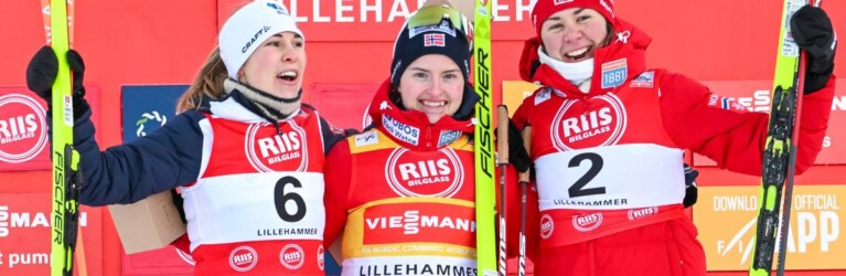 Das Podium beim Weltcup-Auftakt: Ida Marie Hagen (NOR), Gyda Westvold Hansen (NOR), Mari Leinan Lund (NOR), (l-r)