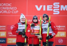 Die Sieger bei den Herren: Jens Luraas Oftebro (NOR), Jarl Magnus Riiber (NOR), Joergen Graabak (NOR), (l-r)