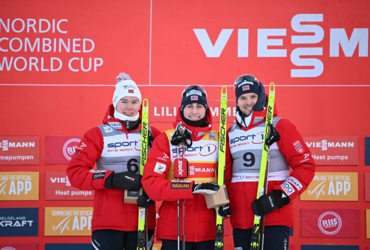 Die Sieger bei den Herren: Jens Luraas Oftebro (NOR), Jarl Magnus Riiber (NOR), Joergen Graabak (NOR), (l-r)