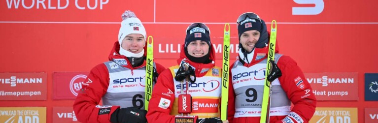 Die Sieger bei den Herren: Jens Luraas Oftebro (NOR), Jarl Magnus Riiber (NOR), Joergen Graabak (NOR), (l-r)
