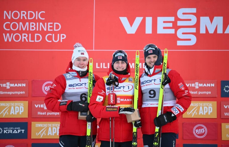 Die Sieger bei den Herren: Jens Luraas Oftebro (NOR), Jarl Magnus Riiber (NOR), Joergen Graabak (NOR), (l-r)