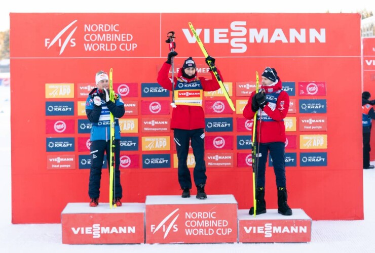 Das Podium: Johannes Lamparter (AUT), Jarl Magnus Riiber (NOR), Joergen Graabak (NOR)