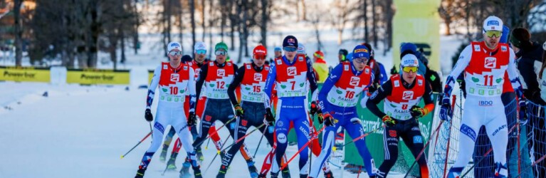 Ein kompaktes Feld: Espen Bjoernstad (NOR), Wendelin Thannheimer (GER), Terence Weber (GER), Kristjan Ilves (EST), Eero Hirvonen (FIN), Manuel Faisst (GER), Joergen Graabak (NOR), (l-r)