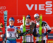 Das Podium der Herren: Stefan Rettenegger (AUT), Jarl Magnus Riiber (NOR), Joergen Graabak (NOR), (l-r)