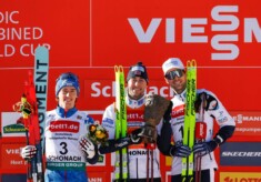 Das Podium der Herren: Stefan Rettenegger (AUT), Jarl Magnus Riiber (NOR), Joergen Graabak (NOR), (l-r)
