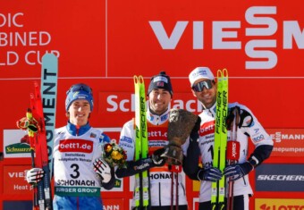 Das Podium der Herren: Stefan Rettenegger (AUT), Jarl Magnus Riiber (NOR), Joergen Graabak (NOR), (l-r)