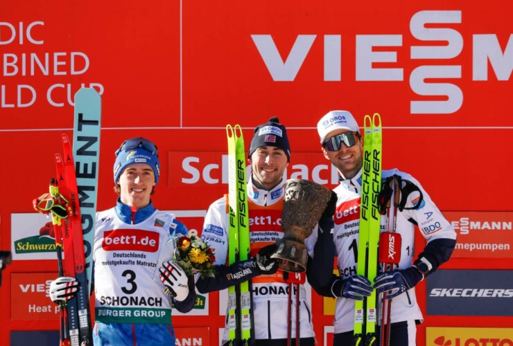 Das Podium der Herren: Stefan Rettenegger (AUT), Jarl Magnus Riiber (NOR), Joergen Graabak (NOR), (l-r)