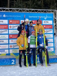 Erfolgreiches Wochenende beim COC in Klingenthal (GER) für diese Herren: Wille Karhumaa (FIN), Fabian Rießle (GER), Jakob Lange (GER) (oben l-r), Tristan Sommerfeldt (GER), Aleksander Skoglund (NOR), Florian Kolb (AUT) (unten l-r)