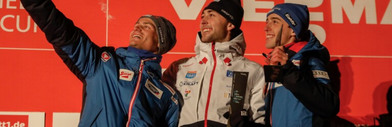 Sieger-Selfie: Johannes Lamparter (AUT), Jarl Magnus Riiber (NOR), Stefan Rettenegger (AUT) (l-r)