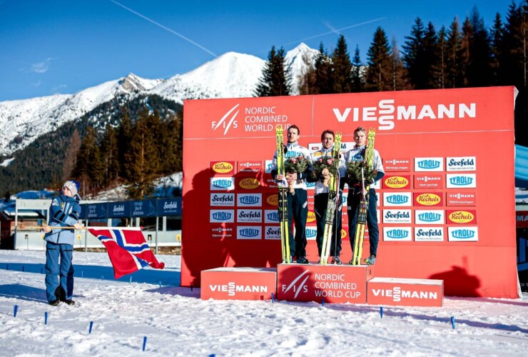 Norwegischer Dreifachsieg: Joergen Graabak (NOR), Jarl Magnus Riiber (NOR), Jens Luraas Oftebro (NOR), (l-r)