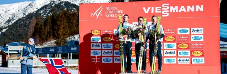 Norwegischer Dreifachsieg: Joergen Graabak (NOR), Jarl Magnus Riiber (NOR), Jens Luraas Oftebro (NOR), (l-r)