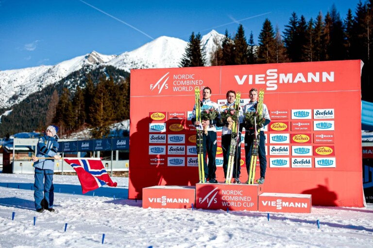 Norwegischer Dreifachsieg: Joergen Graabak (NOR), Jarl Magnus Riiber (NOR), Jens Luraas Oftebro (NOR), (l-r)