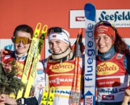Das Podium der Damen: Gyda Westvold Hansen (NOR), Ida Marie Hagen (NOR), Nathalie Armbruster (GER), (l-r)