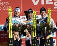 Das Podium der Herren: Joergen Graabak (NOR), Jarl Magnus Riiber (NOR), Jens Luraas Oftebro (NOR), (l-r)
