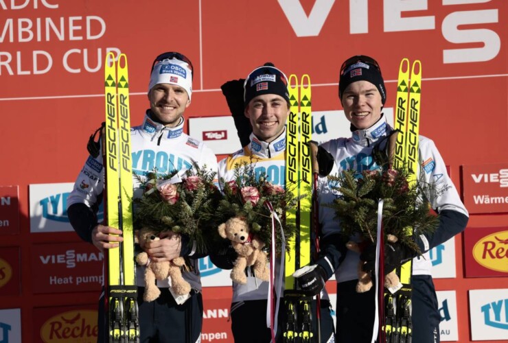 Das Podium der Herren: Joergen Graabak (NOR), Jarl Magnus Riiber (NOR), Jens Luraas Oftebro (NOR), (l-r)