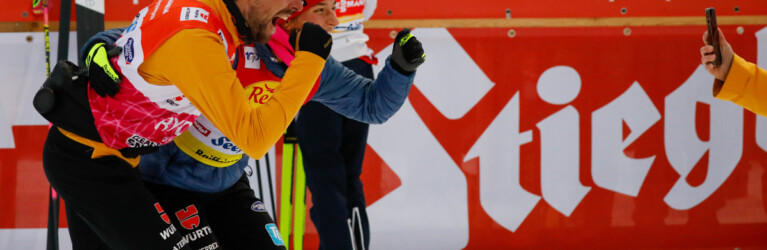 Arbeit für die Sozialen Medien bei Johannes Rydzek (GER) und Nathalie Armbruster (GER) (l-r)