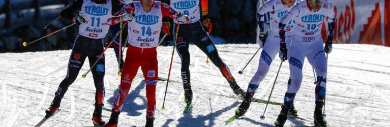 Die Verfolgergruppe mit Manuel Faißt (GER, l), Terence Weber (GER, m) und Jens Luraas Oftebro (NOR) und Joergen Graabak (NOR) (r)