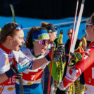 "Welchen Platz hast du?" - "Gewonnen!" - "Waaas?!?" Hanna Midtsundstad (NOR), Silva Verbic (SLO), Claudia Purker (AUT), (l-r)