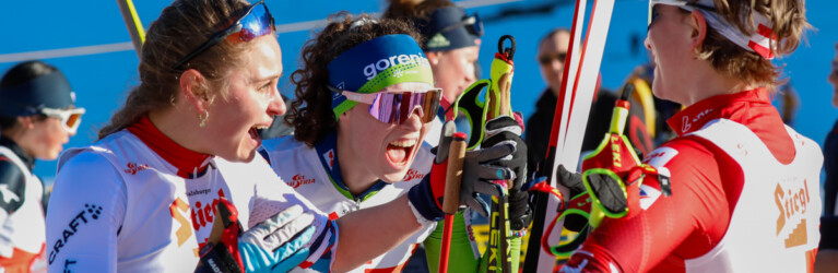 "Welchen Platz hast du?" - "Gewonnen!" - "Waaas?!?" Hanna Midtsundstad (NOR), Silva Verbic (SLO), Claudia Purker (AUT), (l-r)