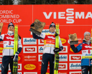 Das Podium der Herren: Joergen Graabak (NOR), Jarl Magnus Riiber (NOR), Johannes Lamparter (AUT), (l-r)