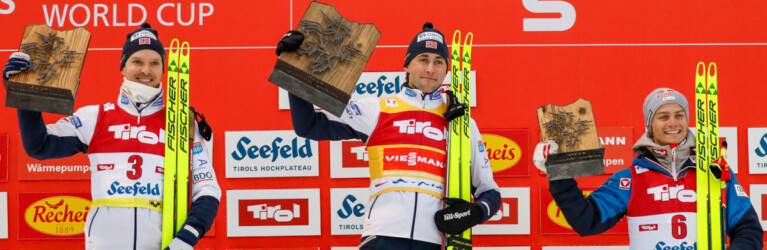 Das Podium der Herren: Joergen Graabak (NOR), Jarl Magnus Riiber (NOR), Johannes Lamparter (AUT), (l-r)