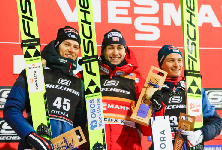 Kristjan Ilves (EST), Jarl Magnus Riiber (NOR), Johannes Lamparter (AUT) (l-r)