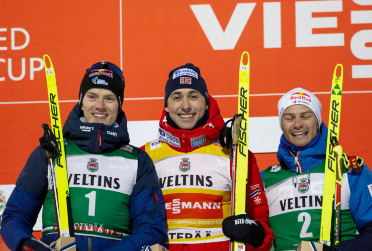 Kristjan Ilves (EST), Jarl Magnus Riiber (NOR), Johannes Lamparter (AUT), (l-r)