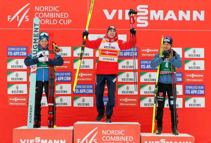 Das Podium der Herren: Stefan Rettenegger (AUT), Jarl Magnus Riiber (NOR), David Mach (GER), (l-r)