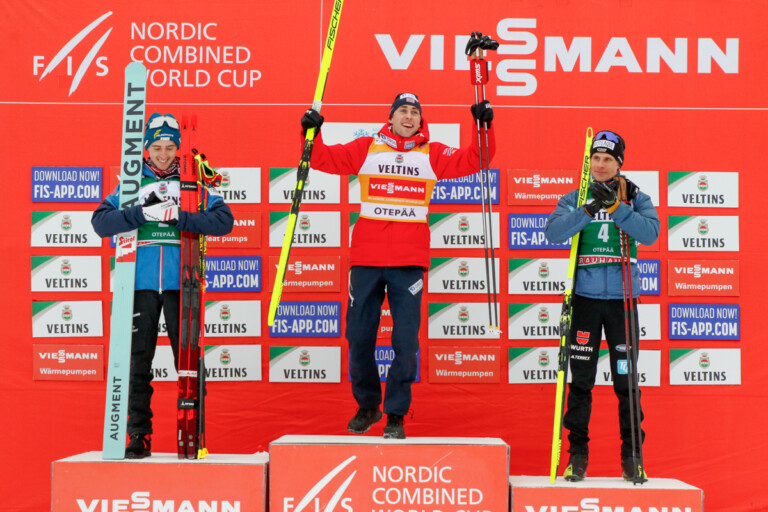Das Podium der Herren: Stefan Rettenegger (AUT), Jarl Magnus Riiber (NOR), David Mach (GER), (l-r)