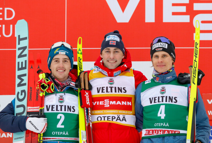 Das Podium der Herren: Stefan Rettenegger (AUT), Jarl Magnus Riiber (NOR), David Mach (GER), (l-r)