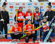 Das Podium der Herren: Fabio Obermeyr (AUT), Mario Seidl (AUT), Jakob Lange (GER), (l-r), Simon Mach (GER), Christian Frank (GER), Antoine Gerard (FRA), (l-r)