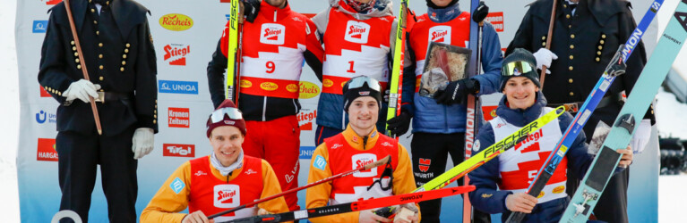 Das Podium der Herren: Fabio Obermeyr (AUT), Mario Seidl (AUT), Jakob Lange (GER), (l-r), Simon Mach (GER), Christian Frank (GER), Antoine Gerard (FRA), (l-r)