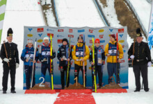 Das Podium beim Mixed Team Sprint in Eisenerz: Laura Pletz (AUT I), Mario Seidl (AUT I), Sophia Maurus (GER I), Jakob Lange (GER I), Marie Naehring (GER II), Simon Mach (GER II), (l-r)