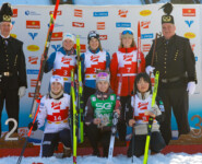 18.02.2024, Eisenerz, Austria (AUT): Claudia Purker (AUT), Lisa Hirner (AUT), Alexa Brabec (USA), (l-r), Mille Marie Hagen (NOR), Joanna Kil (POL), Hazuki Ikeda (JPN), (l-r)