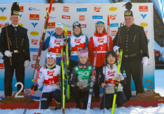 18.02.2024, Eisenerz, Austria (AUT): Claudia Purker (AUT), Lisa Hirner (AUT), Alexa Brabec (USA), (l-r), Mille Marie Hagen (NOR), Joanna Kil (POL), Hazuki Ikeda (JPN), (l-r)