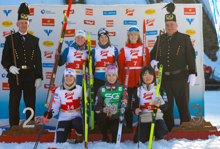 18.02.2024, Eisenerz, Austria (AUT): Claudia Purker (AUT), Lisa Hirner (AUT), Alexa Brabec (USA), (l-r), Mille Marie Hagen (NOR), Joanna Kil (POL), Hazuki Ikeda (JPN), (l-r)