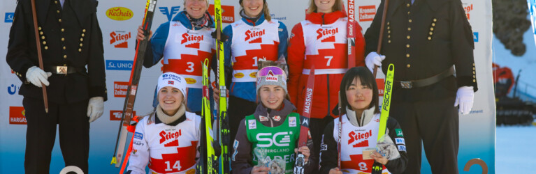 18.02.2024, Eisenerz, Austria (AUT): Claudia Purker (AUT), Lisa Hirner (AUT), Alexa Brabec (USA), (l-r), Mille Marie Hagen (NOR), Joanna Kil (POL), Hazuki Ikeda (JPN), (l-r)