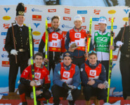 Das Podium der Herren: Fabio Obermeyr (AUT), Mario Seidl (AUT), Aleksander Skoglund (NOR), (l-r), Manuel Einkemmer (AUT), Jakob Lange (GER), Antoine Gerard (FRA), (l-r)