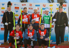 Das Podium der Herren: Fabio Obermeyr (AUT), Mario Seidl (AUT), Aleksander Skoglund (NOR), (l-r), Manuel Einkemmer (AUT), Jakob Lange (GER), Antoine Gerard (FRA), (l-r)