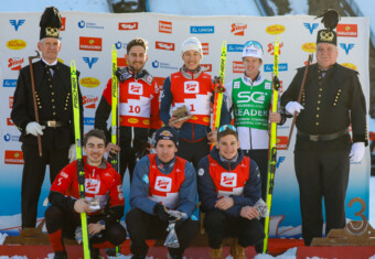 Das Podium der Herren: Fabio Obermeyr (AUT), Mario Seidl (AUT), Aleksander Skoglund (NOR), (l-r), Manuel Einkemmer (AUT), Jakob Lange (GER), Antoine Gerard (FRA), (l-r)