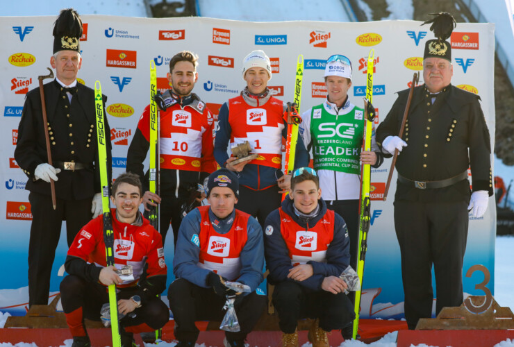 Das Podium der Herren: Fabio Obermeyr (AUT), Mario Seidl (AUT), Aleksander Skoglund (NOR), (l-r), Manuel Einkemmer (AUT), Jakob Lange (GER), Antoine Gerard (FRA), (l-r)