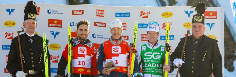Das Podium der Herren: Fabio Obermeyr (AUT), Mario Seidl (AUT), Aleksander Skoglund (NOR), (l-r), Manuel Einkemmer (AUT), Jakob Lange (GER), Antoine Gerard (FRA), (l-r)