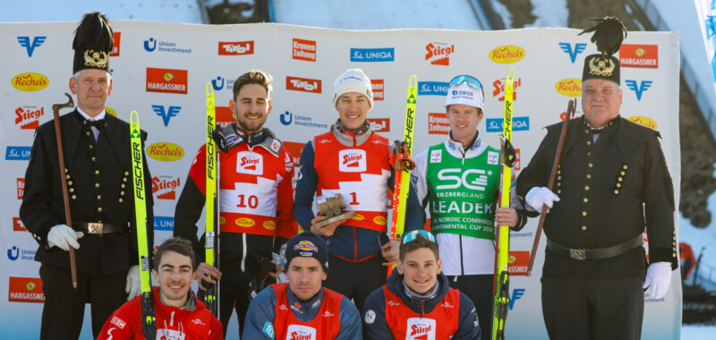 Das Podium der Herren: Fabio Obermeyr (AUT), Mario Seidl (AUT), Aleksander Skoglund (NOR), (l-r), Manuel Einkemmer (AUT), Jakob Lange (GER), Antoine Gerard (FRA), (l-r)