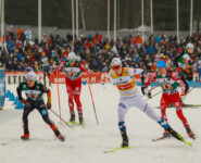 Die Spitzengruppe: Manuel Faisst (GER II), Mario Seidl (AUT II), Jens Luraas Oftebro (NOR I), Stefan Rettenegger (AUT I), (l-r)