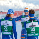 Sektdusche zum Karriereende: Arttu Maekiaho (FIN), Perttu Reponen (FIN), Leevi Mutru (FIN), Otto Niittykoski (FIN), (l-r)