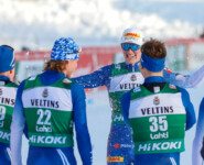 Sektdusche zum Karriereende: Arttu Maekiaho (FIN), Perttu Reponen (FIN), Leevi Mutru (FIN), Otto Niittykoski (FIN), (l-r)